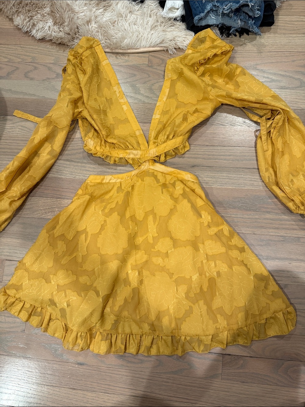 SHEIN Yellow Floral Cutout Ruffle Mini Dress